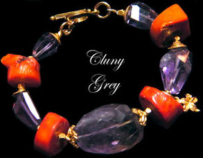 genuine coral bracelet with amethysts and gold