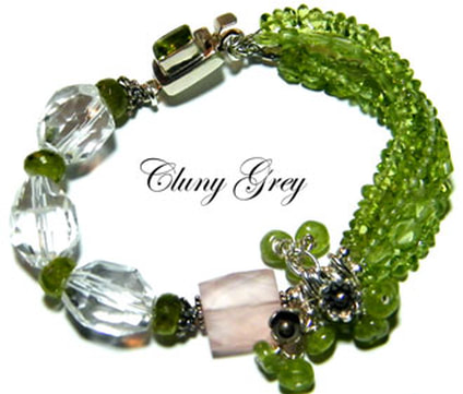Peridot bracelet with quartz crystal gemstones and sterling silver. 