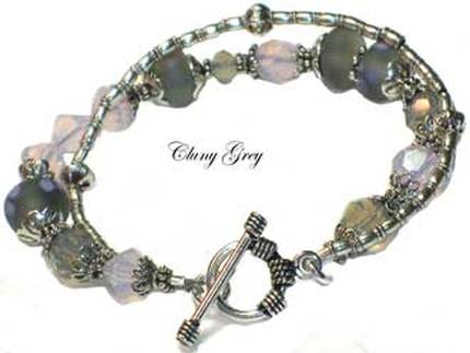 handmade swarovski bracelet with grey etched beads with grey opal Swarovski crystals