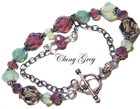 handmade swarovski crystal bracelet with pink cyclamen, chrysolite, and Pacific blue opal