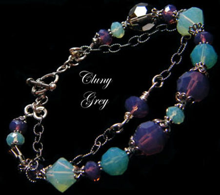 handmade Swarovski crystal bracelet with pink cyclamen, chrysolite, and Pacific blue opal