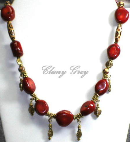 real red coral necklace with gold and wooden beads