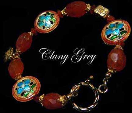 Carnelian bracelet with cloisonne beads and flower charm.