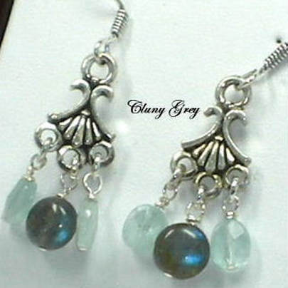 Labradorite and aquamarine shell-shape earrings.